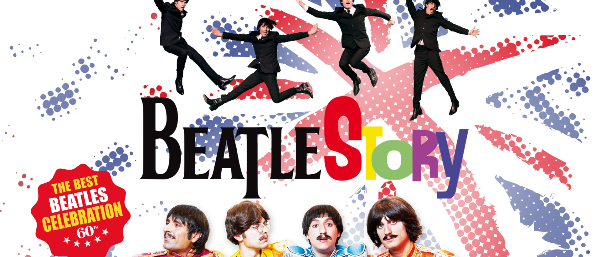 Vier BeatleStory-muzikanten in Sgt. Pepper-kostuums en vier springend in zwarte pakken, BeatleStory Hoorn