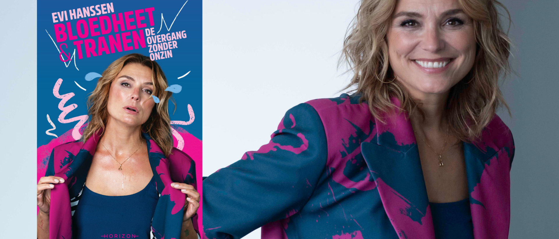 Evi Hanssen bezweet en lachend op de cover van Bloedheet & Tranen, de overgang zonder onzin