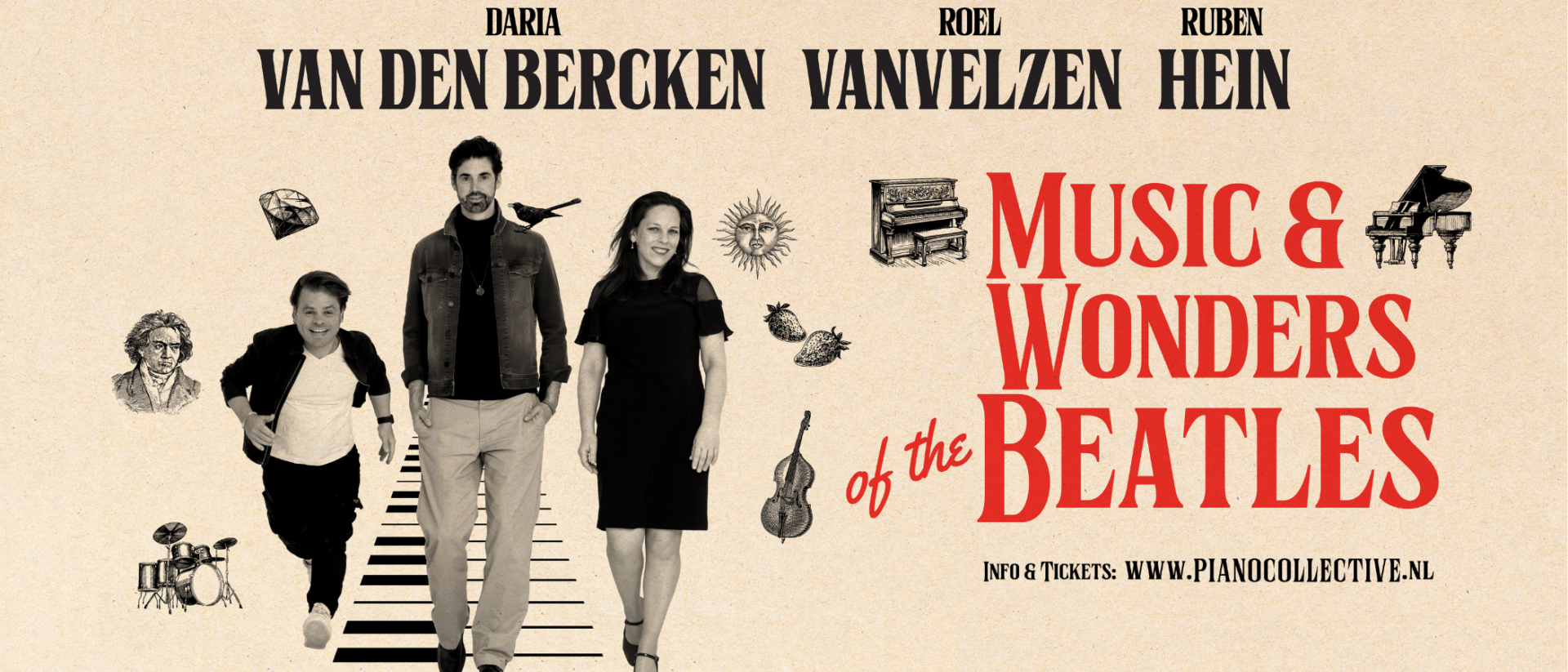 Van den Bercken, Van Velzen en Hein lopen op pianoklavier, promotiefoto Music & Wonders of the Beatles
