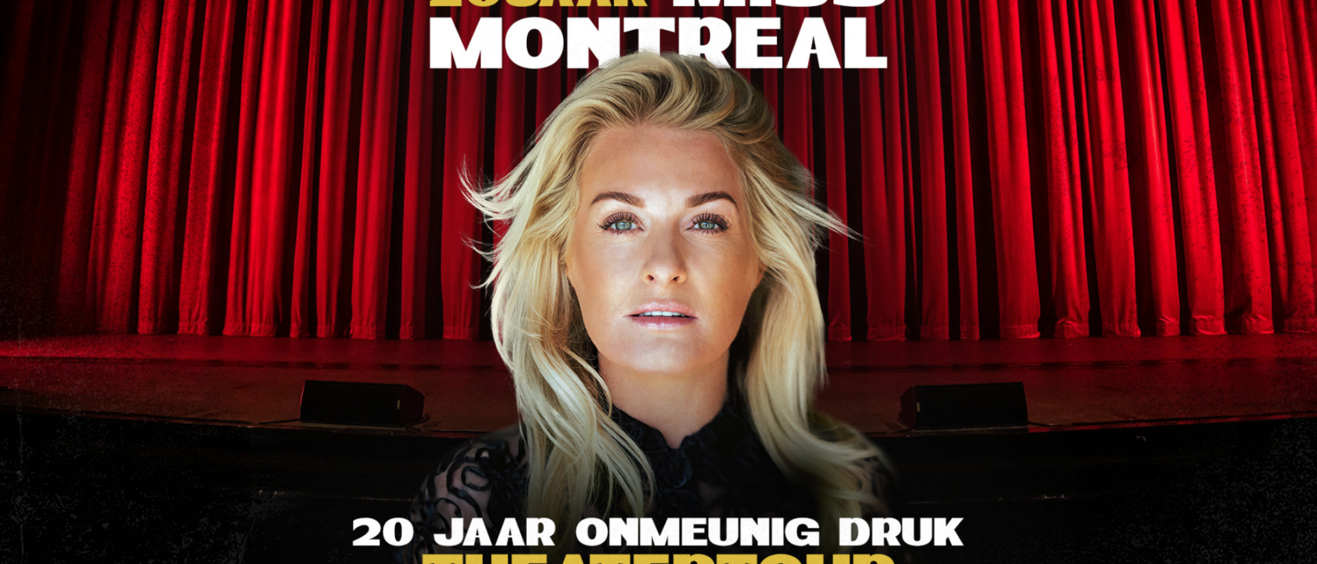 Miss Montreal theatertour 20 jaar onmeunig druk, portretfoto voor rood theatergordijn