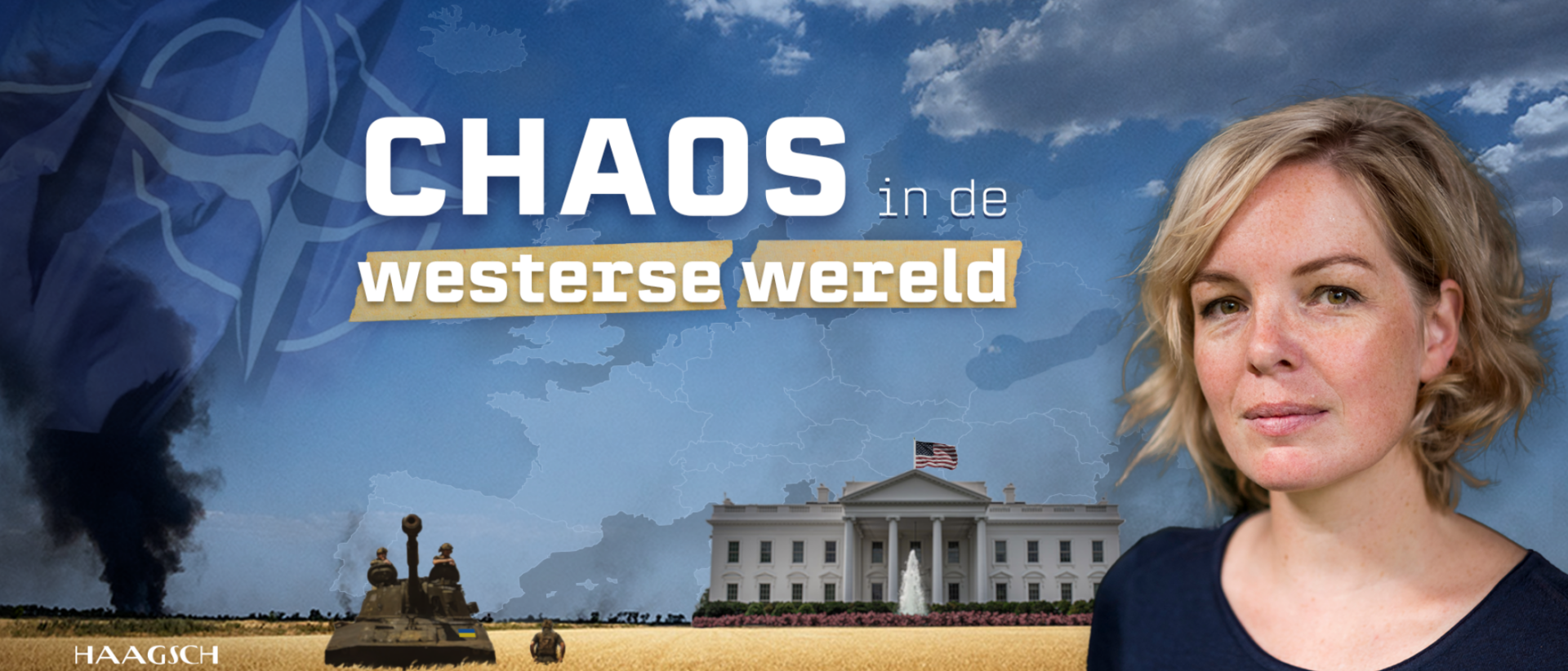 Beatrice de Graaf in promotiebeeld voor Chaos in de Westerse Wereld met tank, Witte Huis en NAVO-vlag